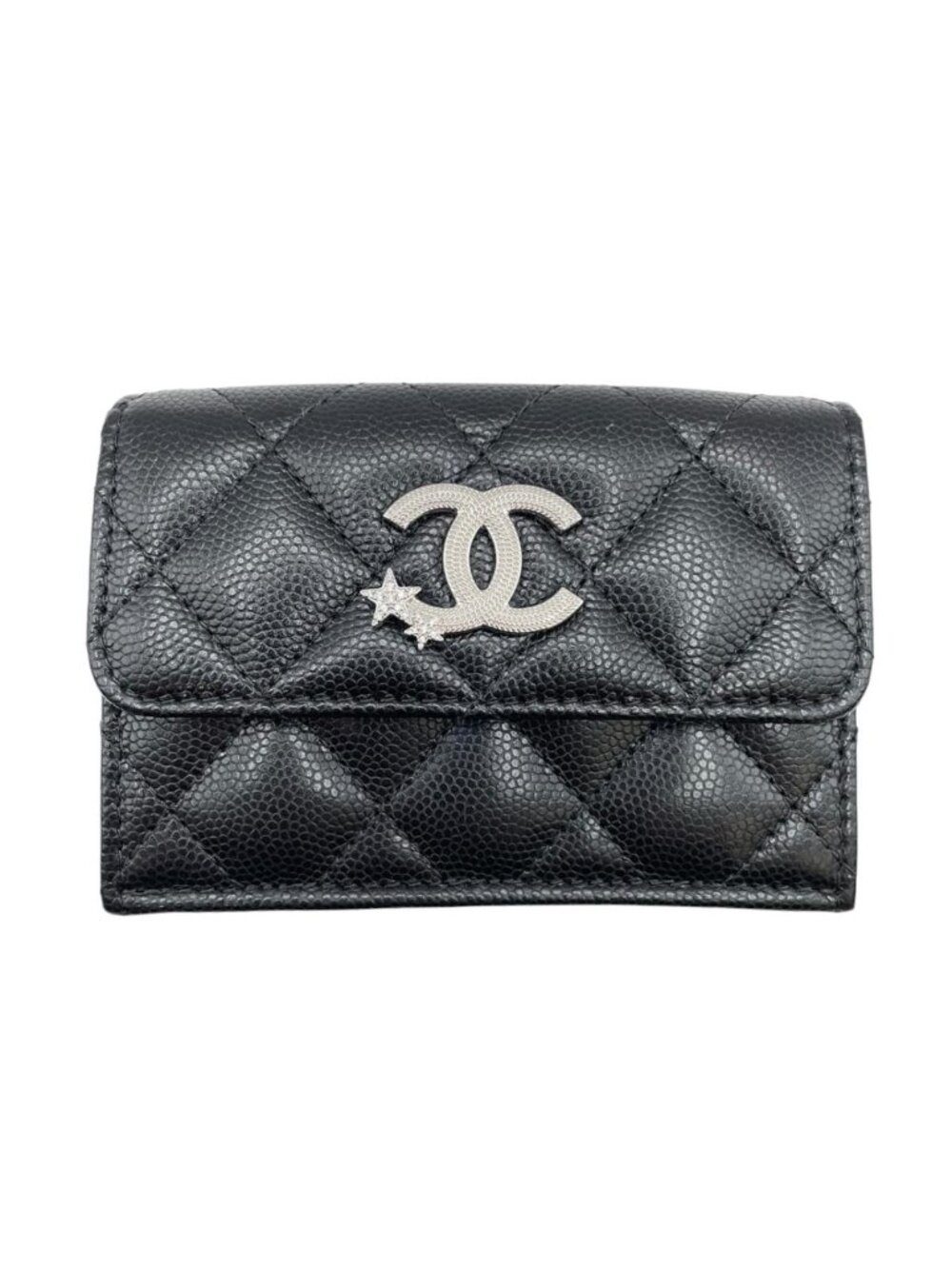 Chanel Classic Small Flap Wallet Quilted Coco Star Black Caviar Leather Silver